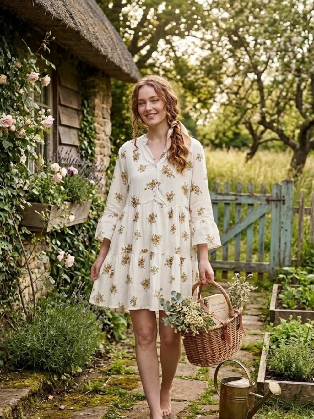 Laurel Grey Cream Floral Tiered Babydoll Dress M Cottagecore Boho